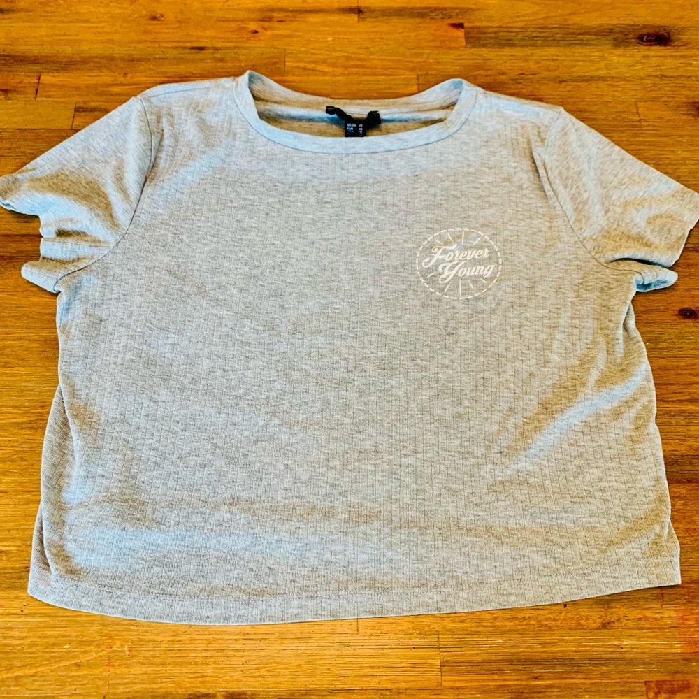 Atmosphere Forever Young Gray ribbed short sleeve cropped Top